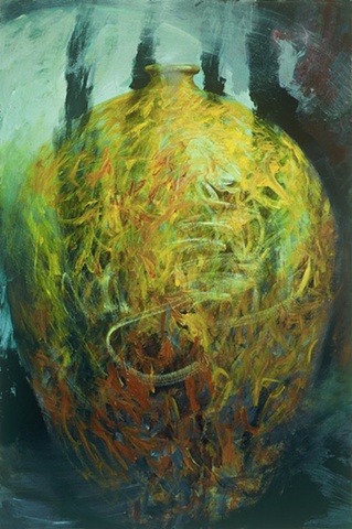 Gestural, semi-abstract, large yellow vessel form, swirling, painterly