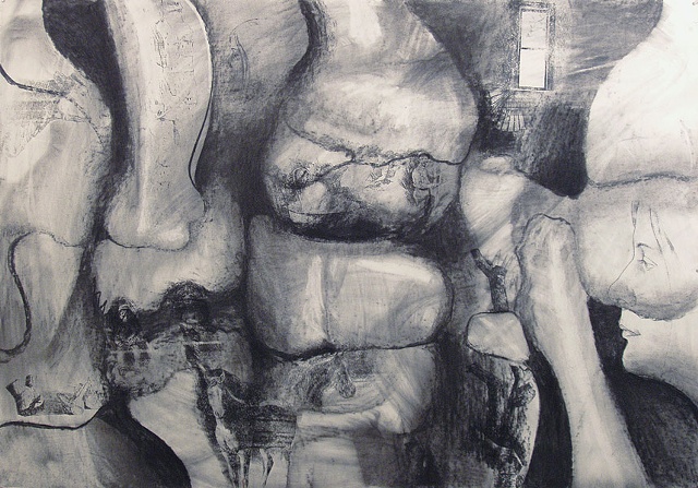 Large drawing, organic forms, stone, bone, figures