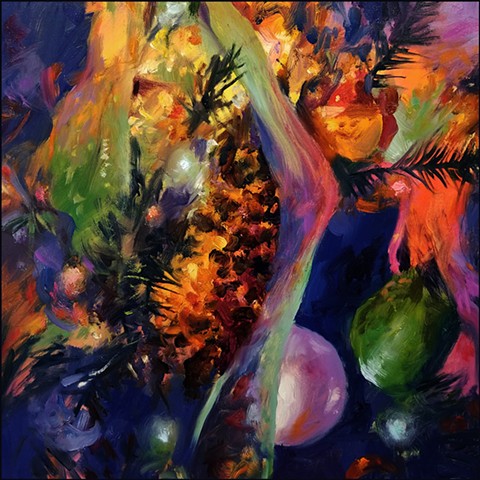 oil_painting, figurative, realist, still_life_christmas_tree, christmas_ornaments, colorful, painterly