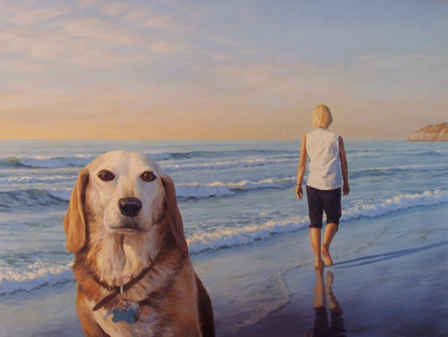 Large oil painting, ocean, southern California, beach, seascape, dog, woman walking.