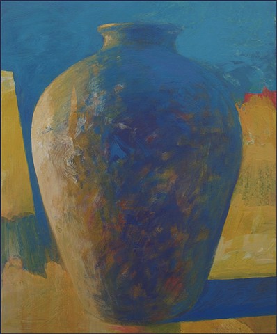 vessel, pot, pottery, abstract, figurative, mysterious, urn, vase, earth, landscape, sunlight, yellow, blue