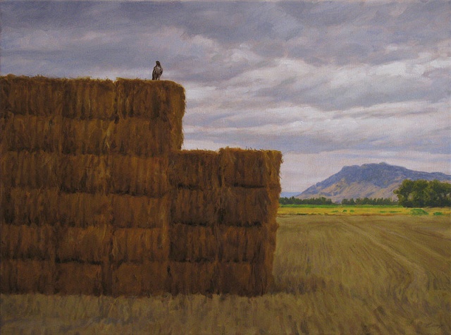 Farm landscape with haystack, mountains and perching hawk.