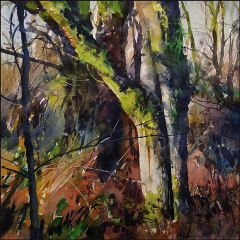 landscape, watercolor, trees, woods, sunlight, realist_painting, realism