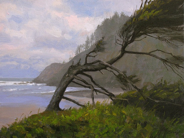 Seascape, foreground pine, rugged cliffs, Oregon, Ecola Beach