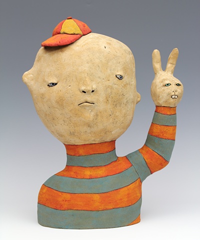 clay ceramic sculpture boy with rabbit hand peace by sara swink