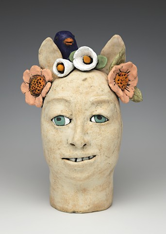 clay ceramic pottery head figure bluebird flowers lilies by sara swink