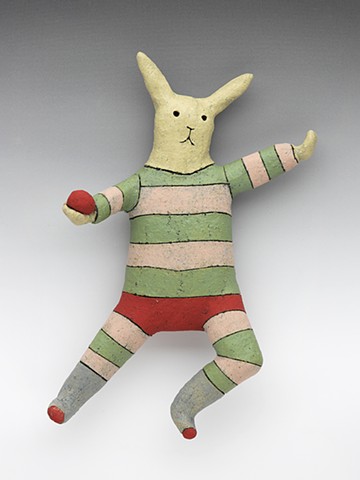 ceramic figure clay leaping rabbit stripes ball Wally by Sara Swink