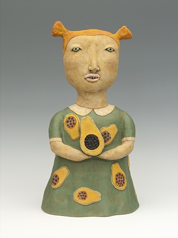 clay ceramic sculpture girl holding fruit by sara swink