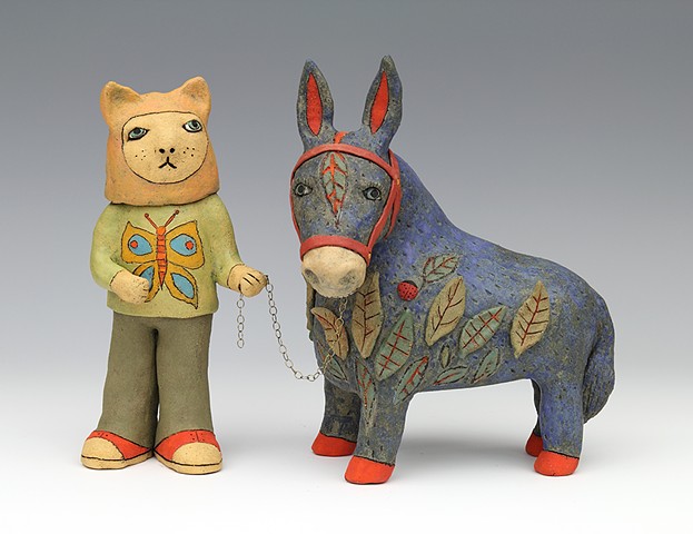 clay ceramic sculpture animal donkey cat by sara swink