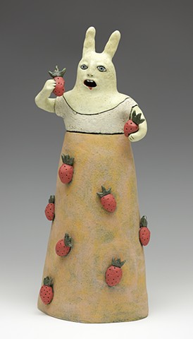 clay ceramic pottery figure rabbit strawberry juice by sara swink