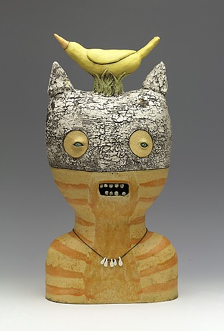 clay ceramic sculpture cat bird teeth crackle by sara swink
