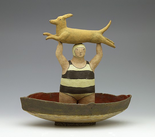 clay ceramic sculpture boat swimmer bather dog sail by sara swink