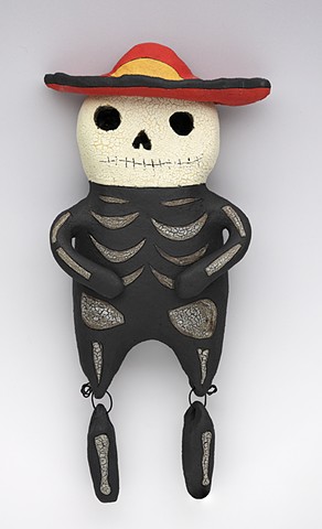 Ceramic sculpture Sara Swink dio de los muertos red hat skeleton