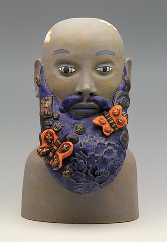 ceramic figure man beard butterfly by Sara Swink