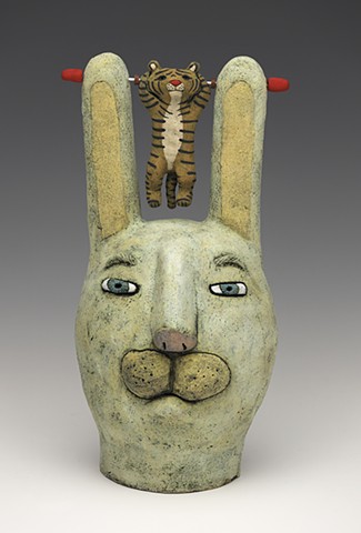 ceramic Sara Swink rabbit tiger figure clay handbuilt