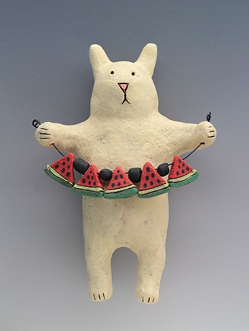 ceramic figure rabbit watermelon bunny wall art pottery by Sara Swink