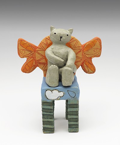 ceramic figure cat wings sun clouds rain chair by Sara Swink