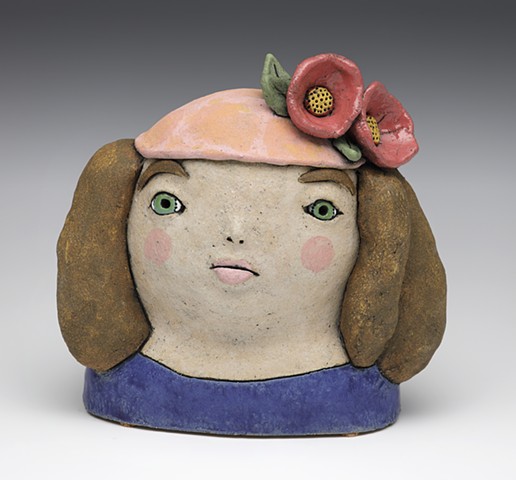 ceramic figure girl flower pink blue by Sara Swink