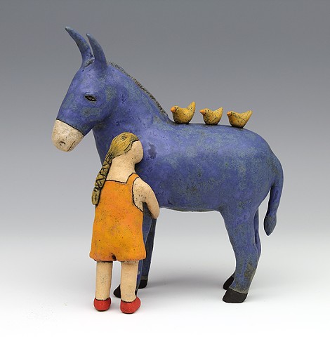 ceramic figure with animal, bird, donkey by Sara Swink