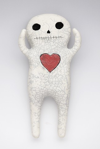clay ceramic pottery figure skeleton skull red heart by sara swink