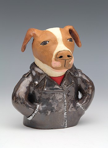 ceramic dog leather jacket pit bull pet portrait