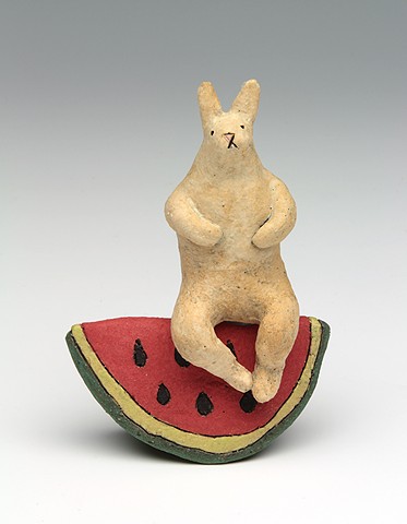 ceramic figure rabbit animal watermelon by Sara Swink