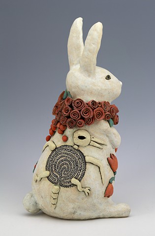 sara Swink rabbit labyrinth c-diff bird skeleton roses tulips pottery ceramics 