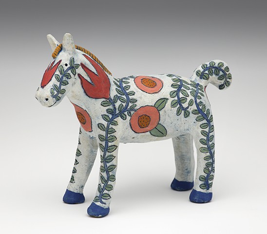 clay ceramic sculpture by sara swink horse pony flowers sgraffito folk art