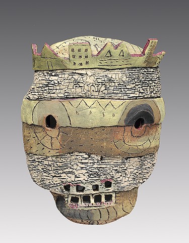 ceramic figure wall piece mask by Sara Swink