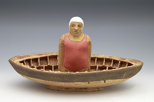 clay ceramic sculpture boat bather swimmer by sara swink
