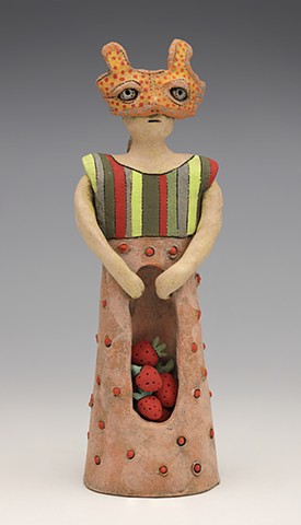 clay ceramic pottery figure rabbit hare bunny strawberry stripe mask by sara swink