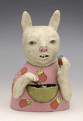 clay ceramic pottery figure rabbit hare bunny strawberry bowl by sara swink