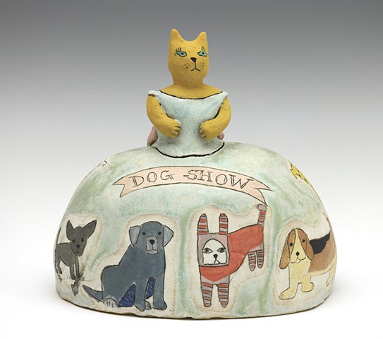 Ceramic figure cat dog rabbit dog show dress by Sara Swink