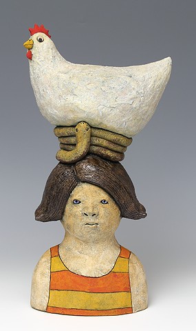ceramic figure with chicken by Sara Swink