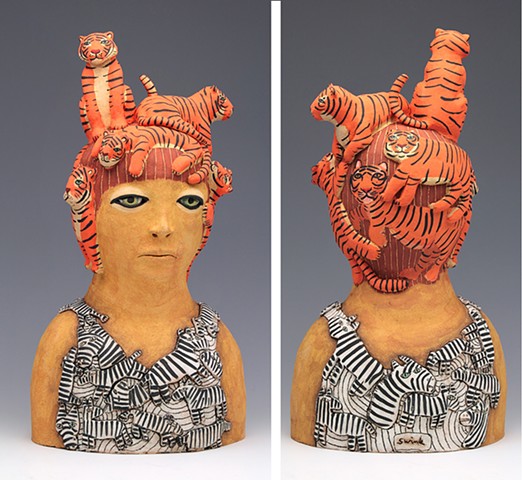 ceramic sculpture tiger zebra sara swink human figure