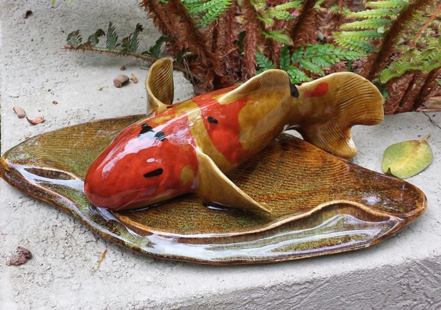 handmade koi fish indoor/ outdoor; unique garden art; kellyharrispottery.com