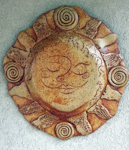  hanging sun sculpture; unique wall art; garden art by kellyharrispottery.com