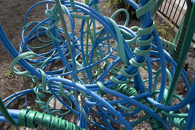 heather brammeier installation artwork colorful tubing garden hose reclaimed materials
