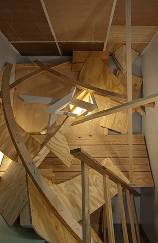 Heather Brammeier salvaged wood sculpture installation crooked room in a crooked house