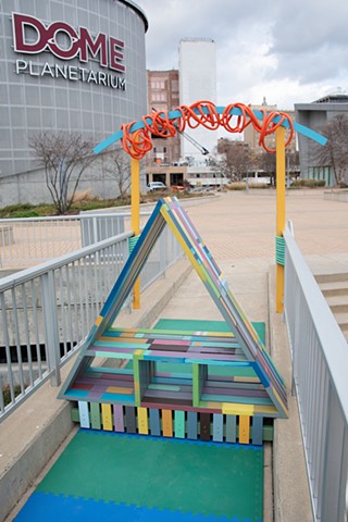 Heather Brammeier Easterseals Rainbow art installation our common threads triangle bench interactive