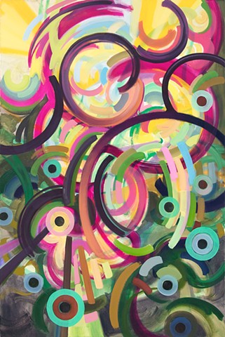 biomorphic geometric colorful abstract landscape lines painting