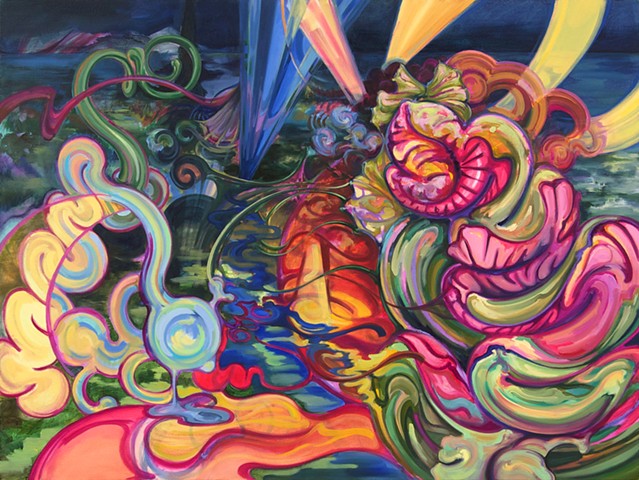 biomorphic geometric colorful abstract landscape lines painting masterwork interpretation