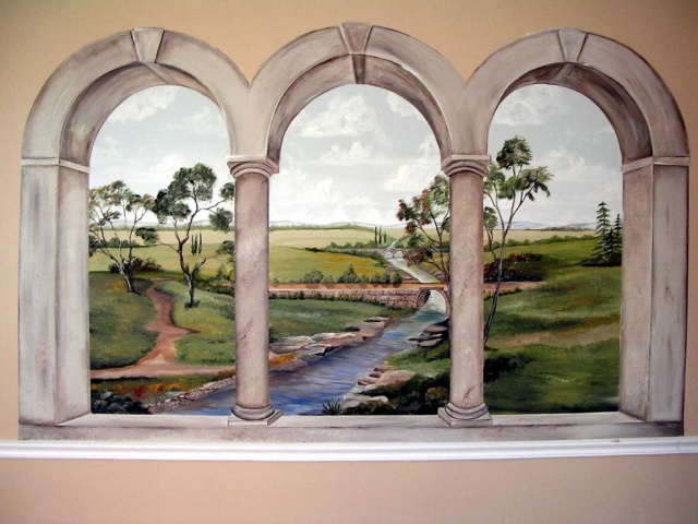 Stone Arched Window with Landscape