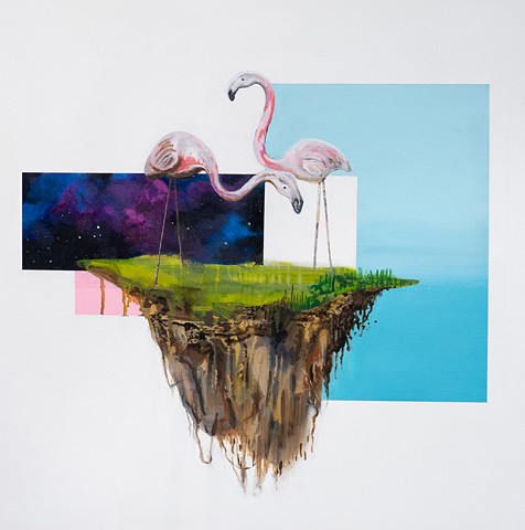 flamingo, florida, island, summer, space, universe, float, floating rock, dystopian, lonely, afraid, love, marriage, forever, contemporary art, humor, satire, painting, drawing, pink, Denver, art, 