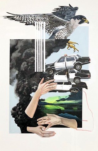 LA Art Show, Sally Centigrade, Littletopia, Kunst, Painting, Falcon, Peregrine Falcon, Smoke, New Contemporary Art, Police, Cars, Abandon, Abandonment, Landscape, Blue, Northern Lights, Disaster, Disillusionment, Bird, Flying, Hands, Holding, Comfort, Cra