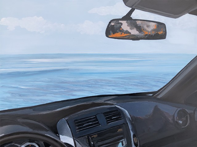 rear-view, 2020, hindsight 2020, ocean, fire, forest fire, wildfire, disaster, collage, California, Highway 1, Pacific Coast Highway, painting, plein air painting, car, drive, speed, highway, cliff, ocean view, escape, smoke