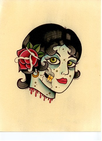 Zombie pin up girl head severed rose blood flash  watercolor tattoo Providence Rhode Island RI prov 