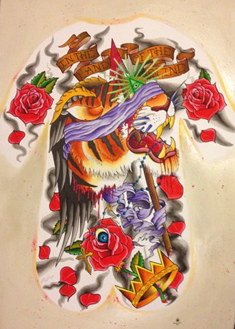 prov Rhode Island RI Providence Tattoo Art Freek Water color painting New England Tiger back piece all seeing eye roses crown 