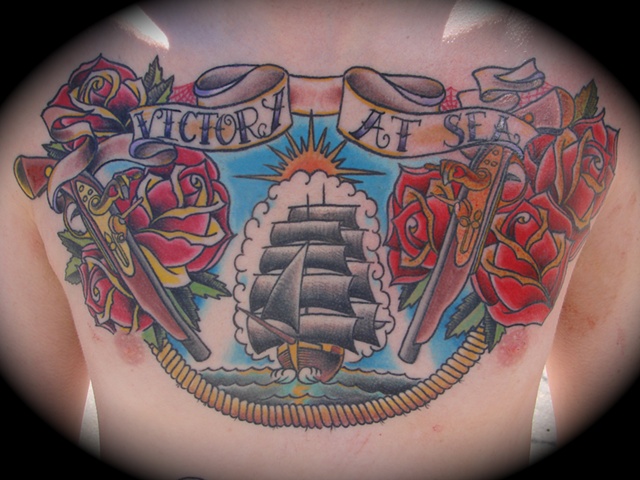 ship blunderbus gun roses chest piece tattoo color Providence Rhode Island RI