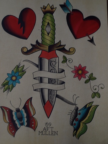  Providence Rhode Island RI Tattoo flash painting water color dagger heart butterflies butterfly